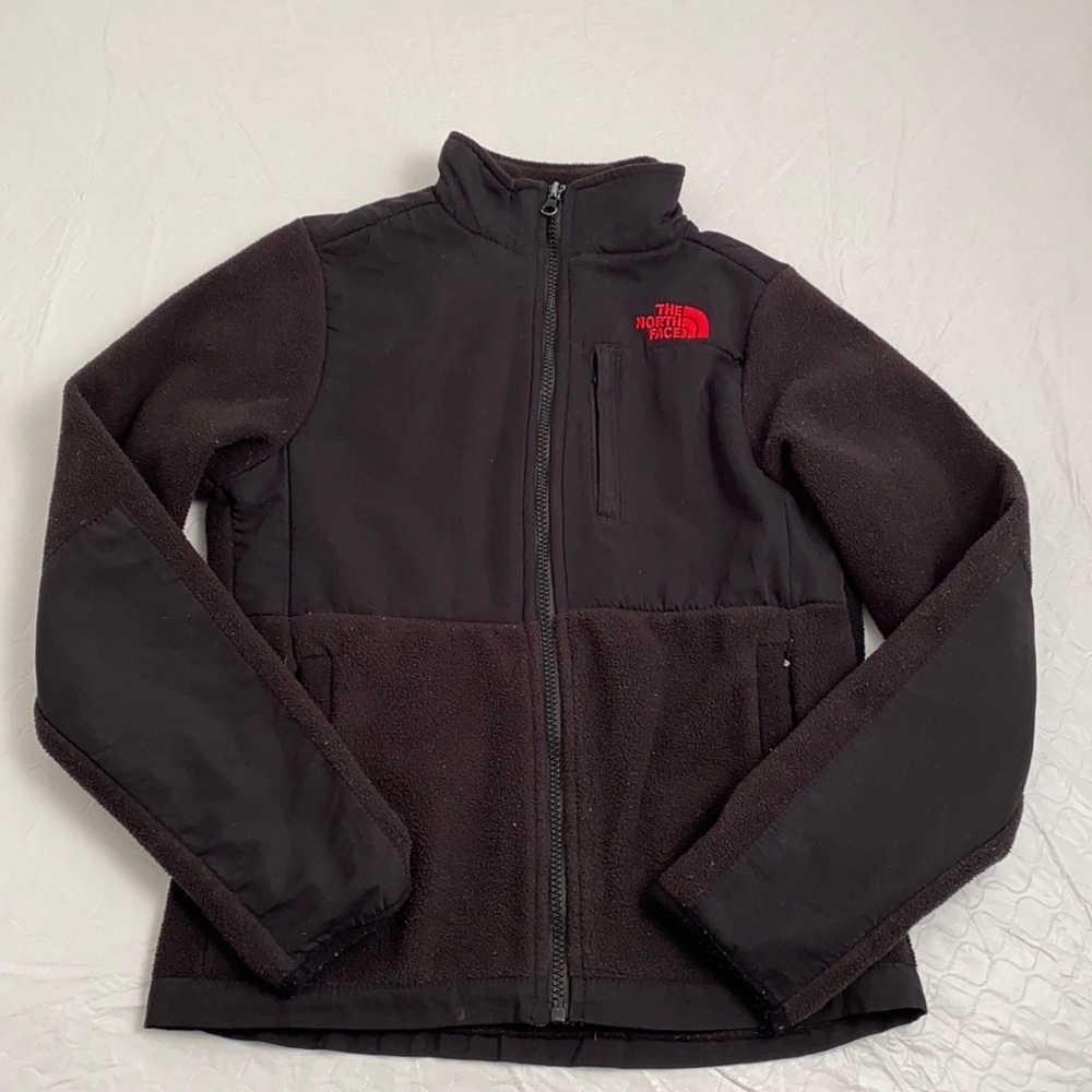 North Face zip up fleece black and red 14-16